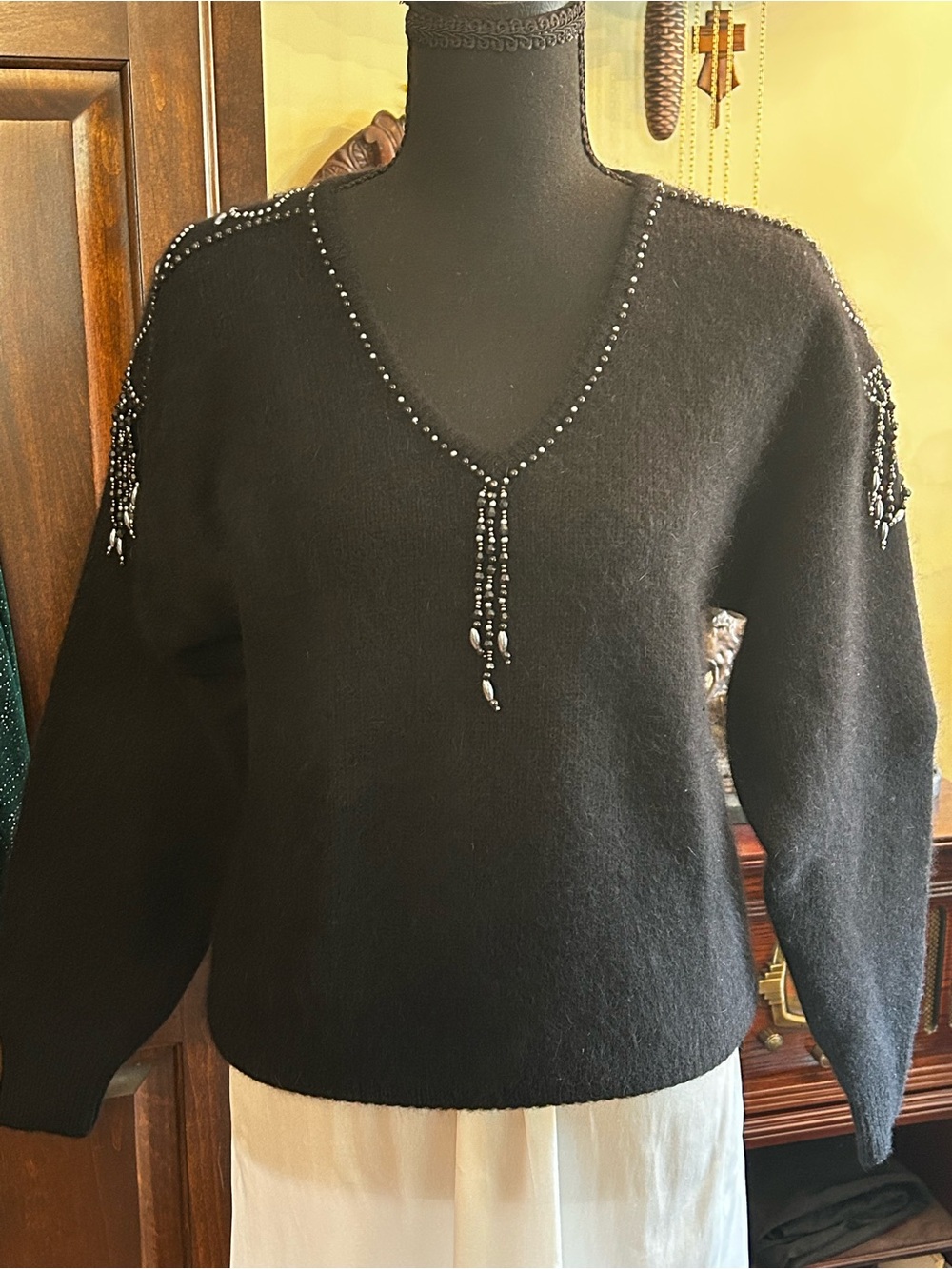 1980’s Marisa Christina Sz M Black V-Neck Sweater with Beaded Epaulets Fringe